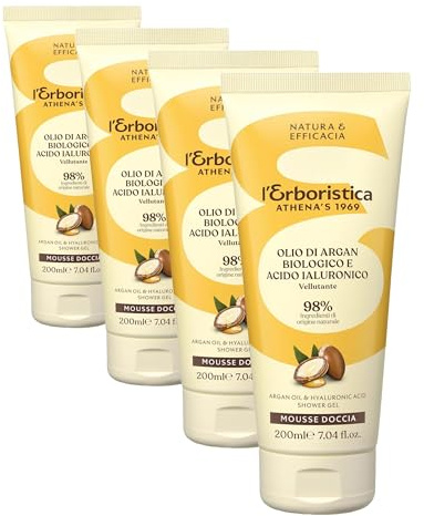 L'Erboristica Athena's - Mousse Doccia all'Olio di Argan Biologico e Acido Ialuronico - Vellutante - 200 ml (Confezione da 4)