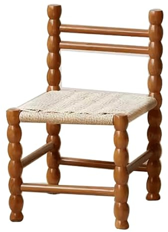 Vintage rottingmatstol med träben – armlös inomhus/utomhus fritidsstol för kök matsal och uteplats – design med små kanderade höar (valnöt 55 cm)