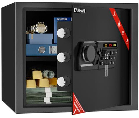 KABISAFE Safe 26L, Digital Home Box, Security Small Safes, Storage for Cash | Steel Safe with Keys, Code, Code Alarm System, Removable Shelf, Wall Safe for Jewelry, Cash, Medications, and A4 Documents