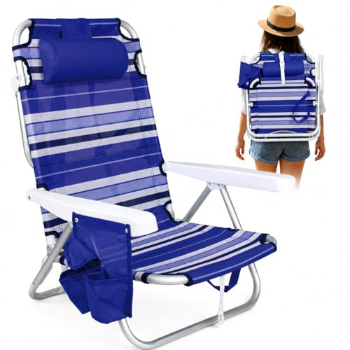 Silla de Playa Plegable - Mochila - Ligera - Aluminio - Reclinable - 22cm Altura de Asiento - 25cm de Reposacabezas - Asas para Transportar Fácilmente - Almohadilla y Bolso Lateral (Azul y Blanca)