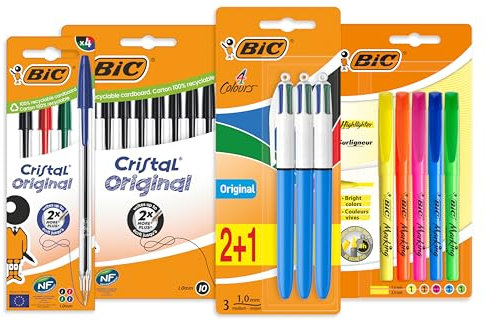 BIC Kit Les Essentiels , 3 Stylos 4 Couleurs, 5 Highlighter Surligneurs, 14 Cristal Original Stylos-Bille, Lot de 22 produits