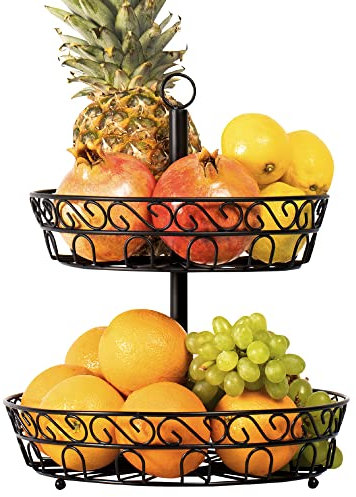 Chefarone frutero de 2 pisos - Cesta de frutas metálica para mostrador y organizador cocina – Fruteros de cocina negro estilo vintage – Para verduras y frutas frescas - Soporte de frutas con cuencos