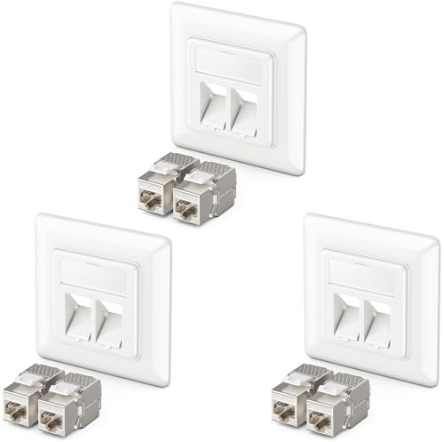 deleyCON 3x Prises Réseau RJ45 Encastrables 10 Gbit/s Keystone (3x Boîtiers + 6x Keystones) - Prise RJ45 Cat6a - pour Câbles Cat6/Cat7 Gigabit - Entièrement Blindé - Blanc
