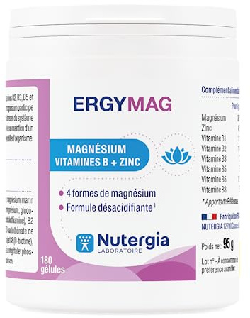 Nutergia – Magnésium, vitamines B et Zinc – Fatigue physique – 4 Sels de magnésium – formule désacidifiante – Complément alimentaire – 180 Gélules – Fabrication Française