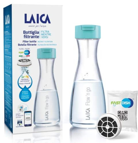Laica B01BA Bottiglia Filtrante Flow'n Go, filtrazione Istantanea (filtra mentre versi), 1 Filtro Fast Disk (100% made in Italy) incluso (120 L/1 mese di acqua filtrata)
