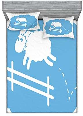 Ambesonne Fence Fitted Sheet & Pillow Sham Set, Sheep Jumping Over a Fence in Cloud Sleep Bubble Shower Cartoon, Decorative Printed 2 Piece Bedding Decor Set, Full, Pale Azure Blue White