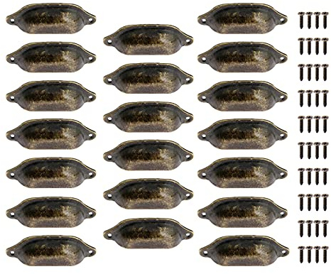 Yetaha 20pcs Cup Door Handles, Cabinet Shell Cupped Handle Pull Knob,98 * 35mm Antique Drawer Cupboard Office Cabinet Furniture Bedroom Wardrobe Closet Dresser Shell Pull Handles with Screws, Bronze