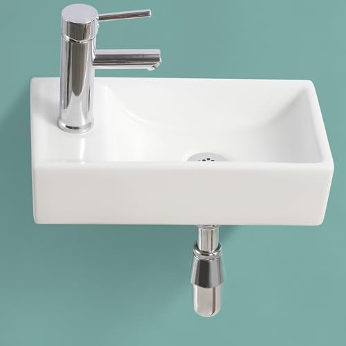 BELOFAY Modern Bathroom Wash Basin Sink, Rectangular Wall-Mounted and countertop White Cloakroom Ceramic Basin Tap on Left for Bathroom, Vanity Cabinet, and Toilets (10x41x21.5) (HxLxW)
