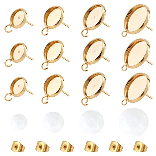 UNICRAFTALE 24 Paar 8/10/12/14mm Gold Flache Runde Ohrstecker Rohlinge Transparente Glas Cabochons Für Schmuckherstellung 304 Edelstahl Ohrring Tablett Lünette Cups Lünette Tablett DIY Ohrring Set