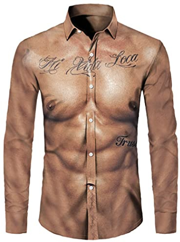 WEGUKRI La camisa fresca de los botones de la impresión del modelo 3D del músculo, los hombres imprimieron los tops largos de, Color 7, M