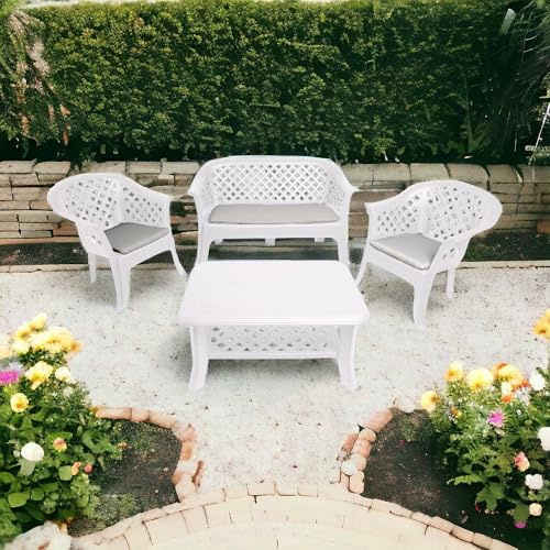 Dmora - Outdoor-Lounge-Set Brescia, Gartenkomposition mit 2 Sesseln, 1 Bank und 1 Couchtisch, Lounge für drinnen und draußen, 100 % Made in Italy, Weiß