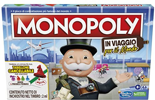 Monopoly Auf Reisen um die Welt, Brettspiel für Familien und Kinder ab 8 Jahren, mit Stempelfiguren und abwischbarer Tafel