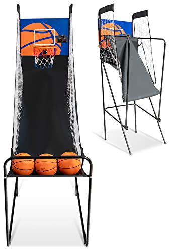 GOPLUS Jeu de Basket Pliable, Jeu de Basketball d’Arcade avec Compteur Électronique, Cadre en Fer Stable, 3 Ballons et 1 Pompe Inclus, Filet Basket φ30cm, 208x62x207CM