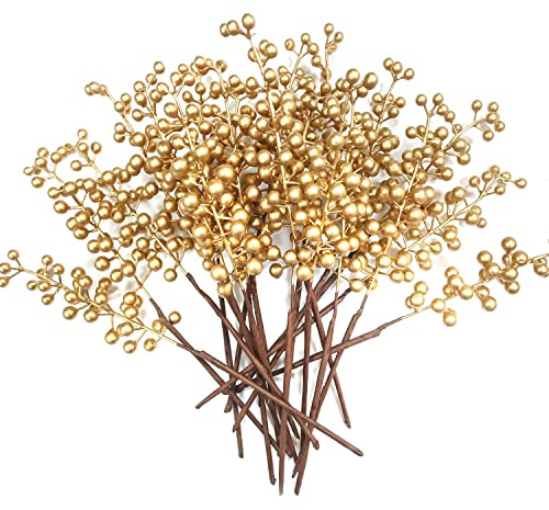 OrgMemory Künstliche Beeren, Gefälschte Burgunderbeere, (20 Stück, je 30 cm), künstliche Beerenstiele für Weihnachten, Blumensträuße, Kranzdekorationen, Heimdekoration (GoldenBerry)