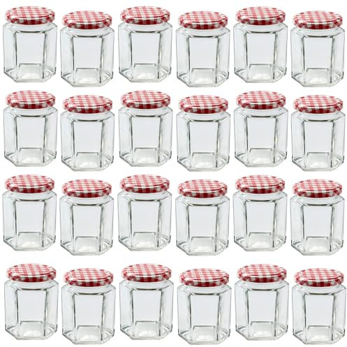 Offer Shop 280ml Jam Jars with Red Gingham Twist Top Lid & Labels - Pack of 24 Hexagonal Clear Glass Jar Containers for Candles Making | Ideal Storage for Spice and Pickle