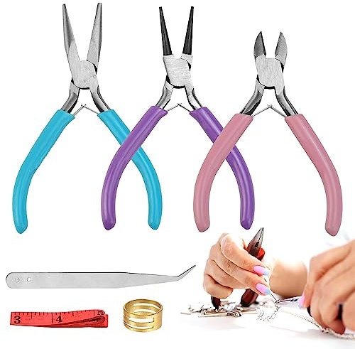 HAOMEEDUO Set di 3 Pinze per Gioielli: Becchi Lunghi, Becchi Tondi, Tronchesi - Mini Pinze per Lavorazione e Creazione Gioielli Con Pinzetta, Apri Anelli a Molla e Righello