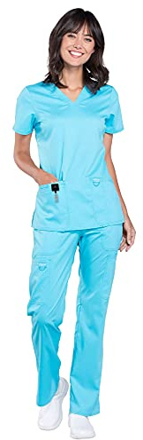 Cherokee Scrub Set For Women Modern Classic Fit 3 Pockets V-Neck Top WW620 with 5 Pockets Moderate Flare Leg Pant WW120, Turquoise- L Top/L Pant