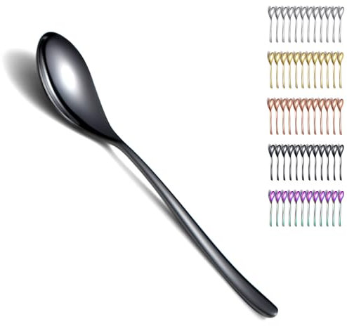 Kyraton Cucchiaio da tavola nero 6 pezzi 19 cm rivestimento in titanio in acciaio inossidabile Cucchiaio da tavola nero Cucchiaio da dessert Cucchiaio da cucina adatto a qualsiasi cena, famiglia.