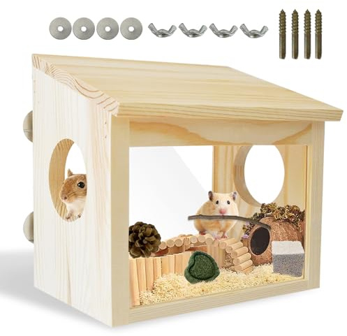 MUYG Visible Hamster Digging Box Hamster Sand Bath Container Rat Hideaway Wood Wooden House Hideout Exploration with Acrylic Plate Accessories Dwarf Syrian Rat Hideaway Wood Mice Gerbils Lemmings