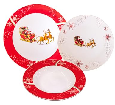 Omniacasa Set di 18 Piatti in Porcellana di Natale per 6 Persone con Decoro Babbo Natale, Renne e Slitta