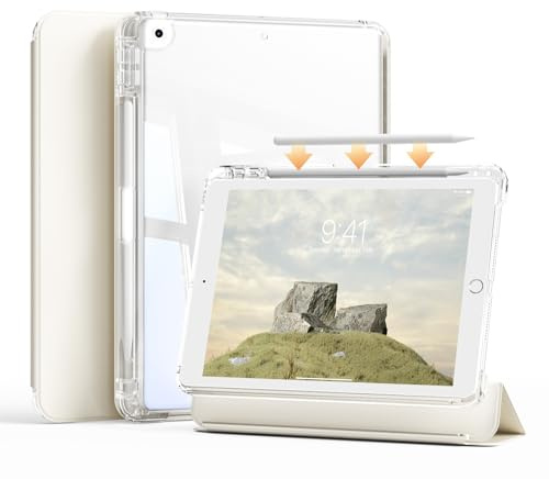 ZKTUYU Hybrid-Hülle für iPad 9./8./7. Generation mit Stifthalter 10.2 Zoll Modell 2021/2020/2019, 2-in-1 abnehmbare Abdeckung mit transparenter Hartschale auf der Rückseite, Auto Schlafen/Wachen, Weiß