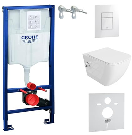 Lavita Vorwandelement Solido + Wand Hänge WC Parana Weiß Spülrandlos + WC Sitz mit Absenkautomatik Glänzend Weiß Knopf Komplettset Unterputz Spülkasten Toilette Komplett Sett WC