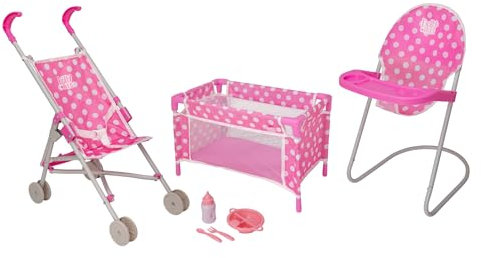 HTI Dolly Tots Ensemble de Jeu pour crèche Junior | Ensemble de Jeu de Chambre d'enfant 7 pièces, Chaise Haute pour poupée, Ensemble d'alimentation réutilisable, Poussette et lit bébé | Accessoires