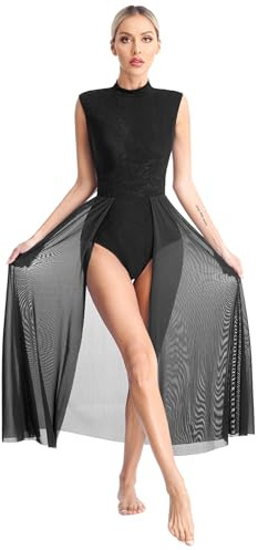 Xnihocha Disfraz de danza lírica para mujer, sin mangas, vestido de ballet, vestido maxi de tul, moderno y contemporáneo, traje de gimnasia, traje de baile, Negro , M