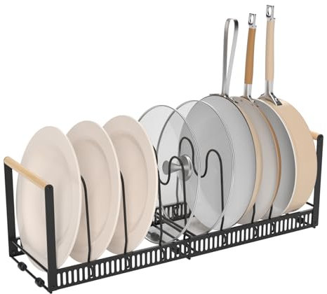 KKC Topfdeckelhalter, Erweiterbarer Metall Pfannenhalter mit 7 Verstellbaren Fächer Topf Organizer, Schrank Pfannen Deckelhalter für Pfannendeckel, Schneidebrett Aufbewahrung, Holzgriff