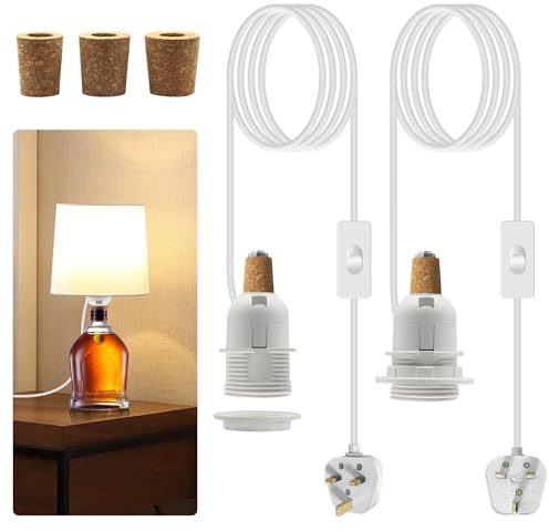 Bottle Lamp Kits, 2 Pack Bottle Lamp Adaptor Kit, Lamp Kits Do it Yourself, E27 Lamp Holder with Lampshade Locking Ring, Lamp Fittings Kit for Table Lamp, Floor Lamp kit Includes 3 Sizes of Stoppers