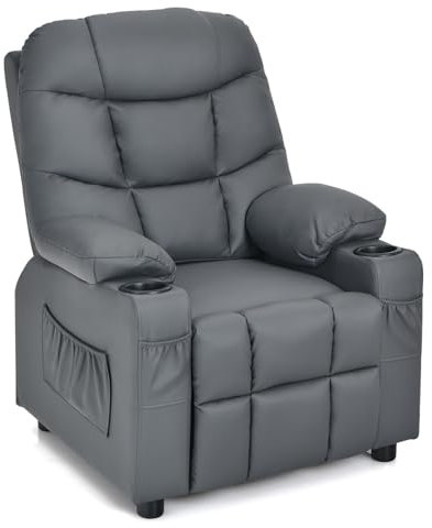 COSTWAY Kids Recliner Chair, PU Leather Upholstered Children Armchair Sofa with Footrest, Cup Holders, Side & Front Pockets, Single Toddler Gaming Lounger for Boys Girls (Grey)