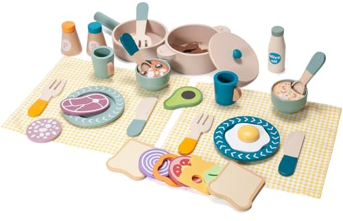 Donmills 39pcs Pretend Play Kitchen Accessories Kids Cooking Set | Wooden Toy Pots and Pans Sets for Toddlers, Montessori Toys Food Cookware Playset Gift for Girls and Boys