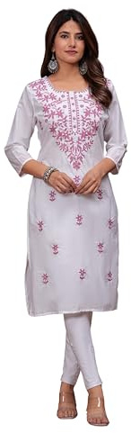 JG JAI GOVINDAM Women's Pink Embroidered Cotton Kurta – White Tunic Dress | Front Embroidery | Casual & Festive Wear (Medium)