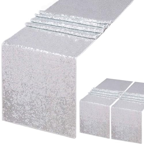 2 Runner da Tavola Argento 30x180 cm Paillettes Runner da Tavola Lucido per Feste, Matrimoni, Compleanni, Natale, Fidanzamenti, Battesimi