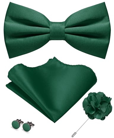 JEMYGINS Set de pajarita mate de un solo color para hombre con pañuelo de bolsillo, gemelos y flor de solapa, verde hierba, M