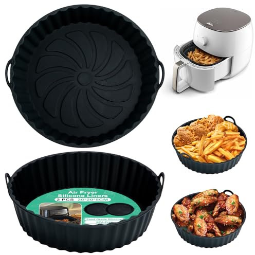 Alyvisun Moule Silicone Air Fryer, 2 Pièces Panier Moule pour Airfryer Réutilisable Friteuse à Air Chaud Plat Pot Ronde Doublure Liner pour Friteuse Air, Micro-ondes, Four (Noir)