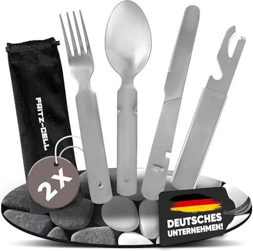 2 Stück Besteck 4-Teilig Camping-Besteck Essbesteck Bundeswehr Fritz-Cell für Camping Besteckset Outdoor Edelstahl