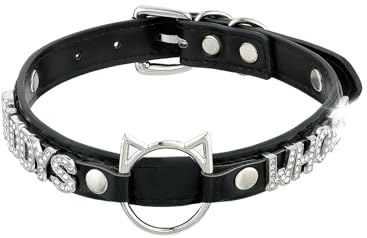 Schwarzes O-Ring-Halsband für Damen, rosafarbenes veganes Leder, Choker-Halskette mit Katzenförmigem Ring und Strass-Buchstaben, Kunstleder, Kein Edelstein (DADDY, Schwarz)