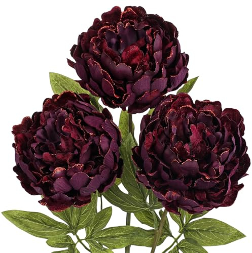 Briful 3PCS 74CM Künstliche Pfingstrosen Stiel Kunstblumen Wie Echt, Glitzernde Weinrote Kunstpfingstrose, Deko-Zweige für Blumengesteck Home Weihnachten Dekoration