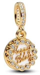PANDORA Moments 763787C01 Breloque en forme de gâteau Happy Birthday en argent sterling plaqué or 14 carats avec zircone compatible avec bracelets Me and Moments, 5,2x10,8x10,8 mm, Argent sterling