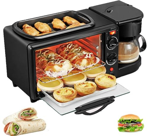 ASnwpaK MáQuina De Desayuno 3 En 1 (SartéN + Horno + Cafetera), Tostadora MultifuncióN De 1100 W (9 L), Temporizador De 30 Min + Control De Temperatura De 100-230 °, Revestimiento Antiadherente.