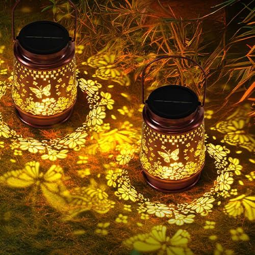 Joysing Lámparas solares para exteriores, 2 unidades, farolillos solares para exteriores, con mariposa, resistente al agua, metal, para terraza, patio, jardín, decoración, regalos para mamá, abuela