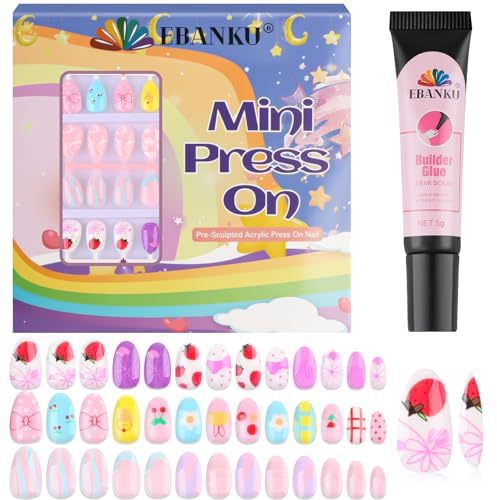 78PCS Kid Press on Nails, EBANKU 3 Pack Children Fake Nail Kit Full Cover | Short False Fingernails with Nail Glue for Girl Nail Decoration (Bow Tie Strawberries)