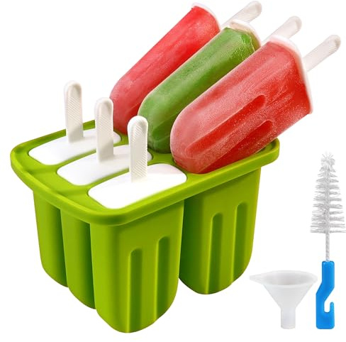 Moldes para polos de hielo, molde para paletas de 6 cavidades con palos, moldes de silicona para helados sin BPA, moldes de helado con cepillo de limpieza, embudo plegable para niños, herramientas de