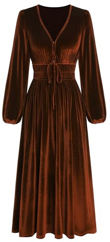 ZAFUL Womens Long Sleeve Velvet Dress 2025 Fall V Neck Holiday Cocktail Party Semi Formal Midi Dresses for Wedding Guest, Brown, Medium