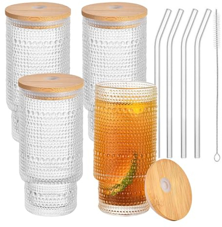 Haayymo 4 Pack Glass Cups with Lids and Straws 480ml, Ribbed Iced Coffee Glass Tumblers with Bamboo Lids, Borosilicate Drinking Glasses for Coffee, Smoothie, Beer, Juice & Cold Drinks