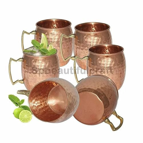 HRS India Pure Copper Moscow Mule Mugs Hammered Finish Serving Copper Mug Brass Handle Drinking Cup, 16.9 oz (500ML), Set of 6