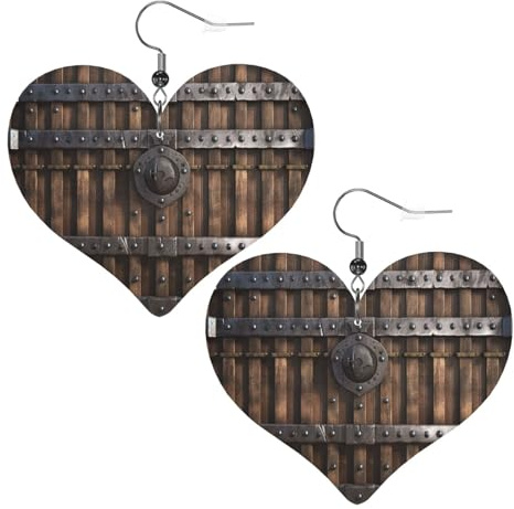 Holz-Ohrringe mit Schlosswand, Metall, Tor, Leder, Herz-Ohrringe, leicht, baumelnde Ohrringe, Schmuck, Geschenke