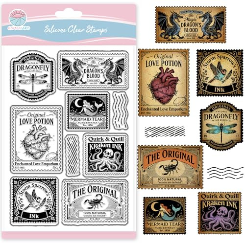 GLOBLELAND Vintage Stil Hexerei Transparenter Stempelrahmen Für Basteln Retro Zaubertränke Stempel Magische Tiere Silikonstempel Siegel Für DIY Scrapbooking Journaling Fotoalbum Dekoration