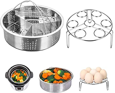 Steam Baskets with Egg Steam Rack, Food Grade Stainless Steel Steam-Holder Tray Trio Separator Set, Cooking Accessories for Vegetable, Fish, Meat Compatible with Instant Pot, Electric Pressure Cooker